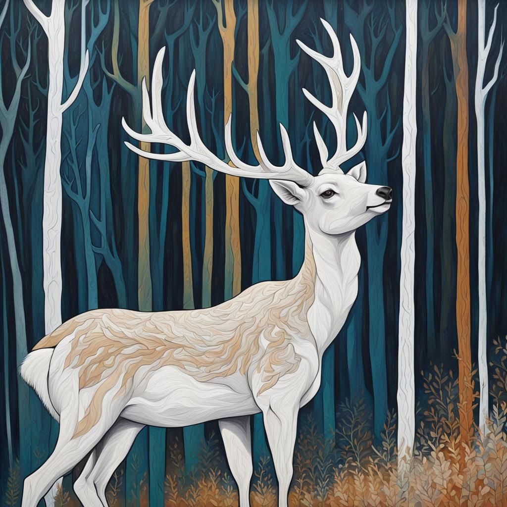 Abstract Forest Scene with White Hart