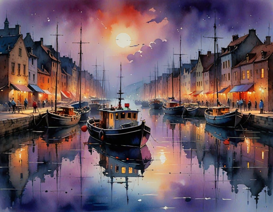Harbour Scene in Purple Moonlight, Watercolour Painting