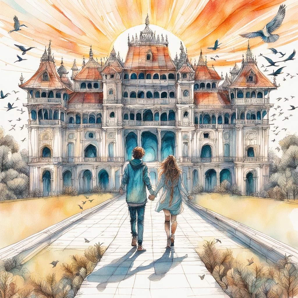 Whimsical Sunset Palace Scene in Zentangle Style