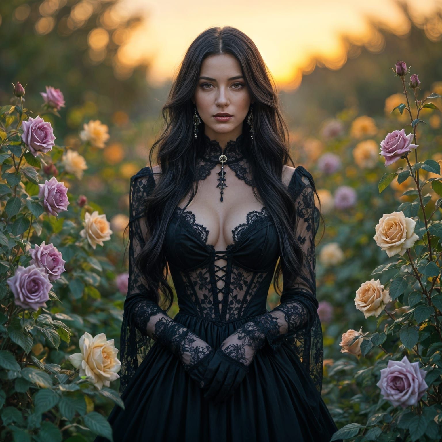 Gothic Woman in Rose Garden, Romantic Style