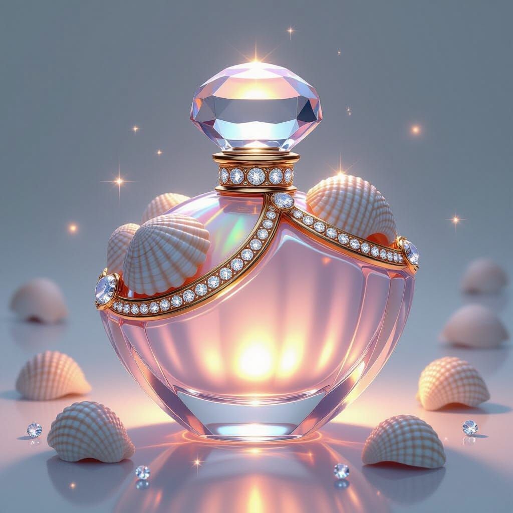 Iridescent Clam Perfume Bottle with Seashells and Diamonds
