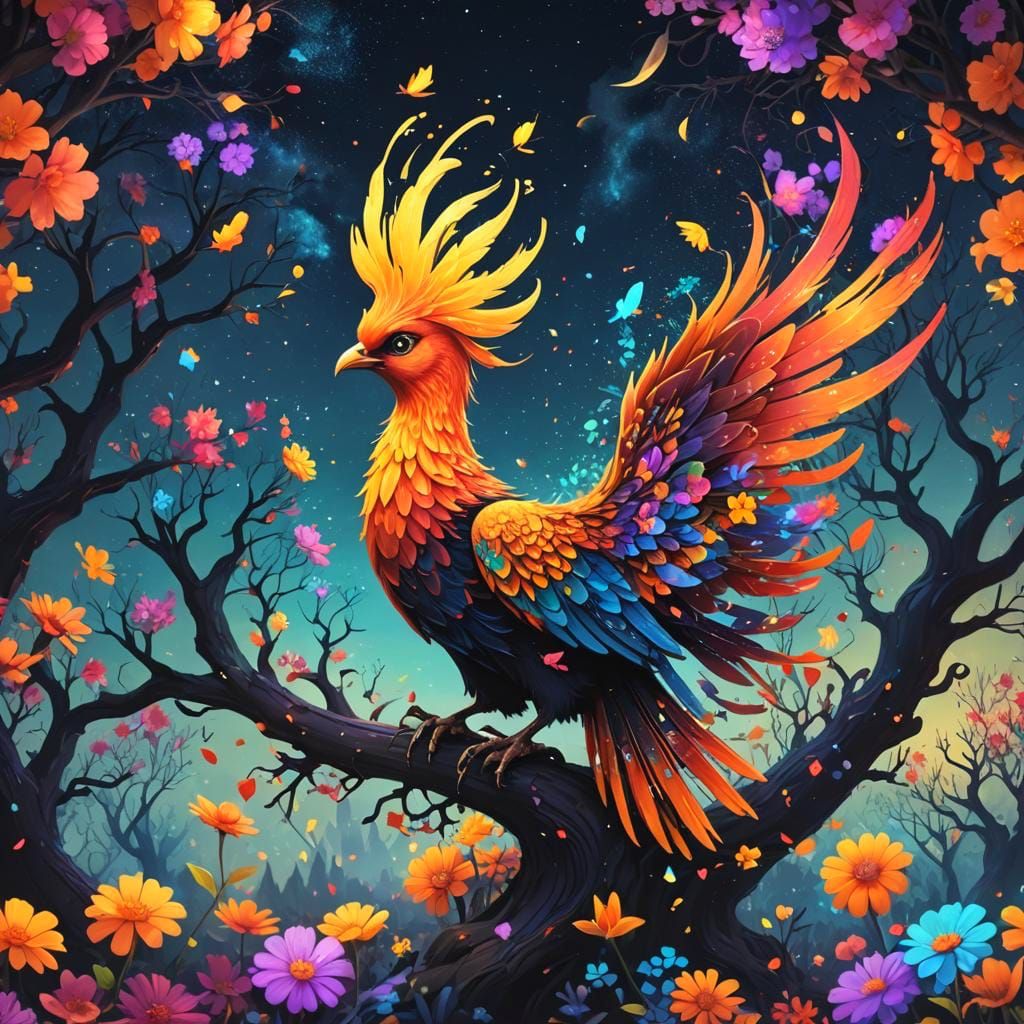 Colorful Phoenix in Wonderland Style Splatter Art
