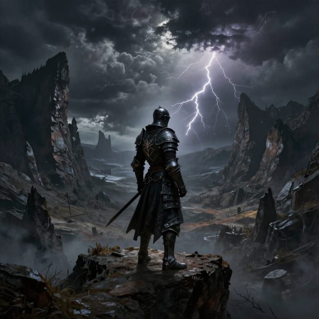 Knight on Precipice Overlooking Moonlit Valley