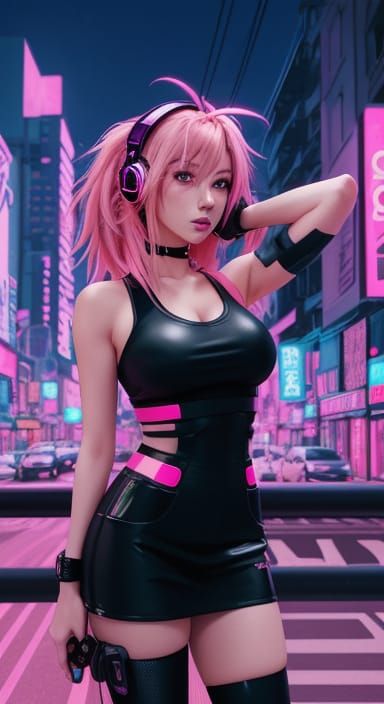 Anime Girl in Neon Cityscape with Pink Hair