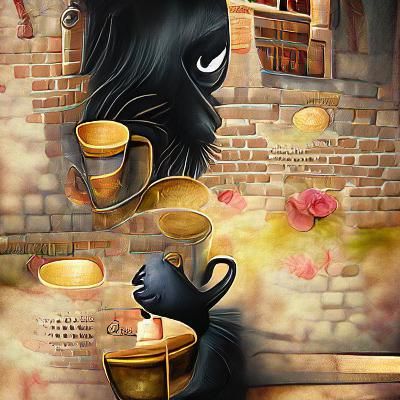 Black Cat Sipping Coffee: Digital Art