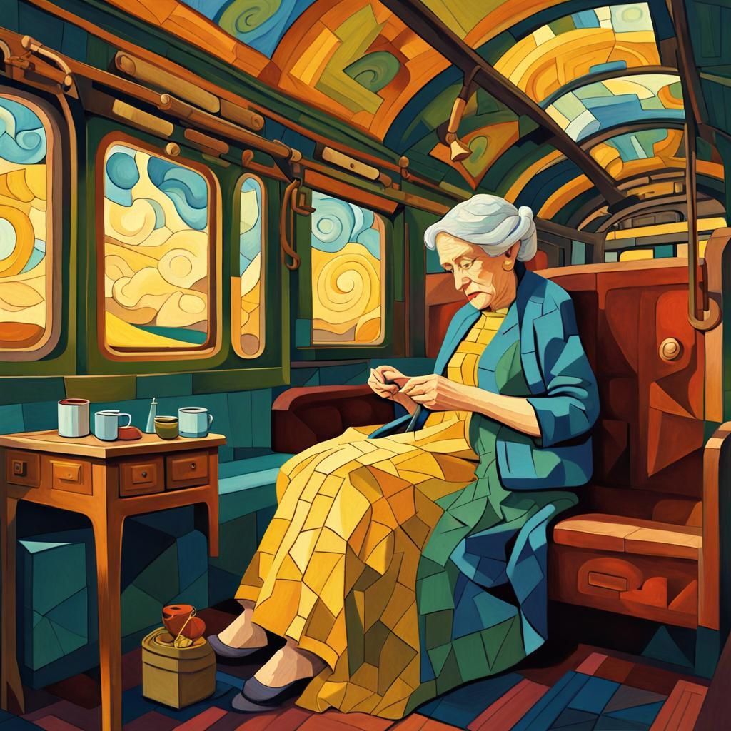 Old Lady Knitting in Steam Train, Van Gogh Style