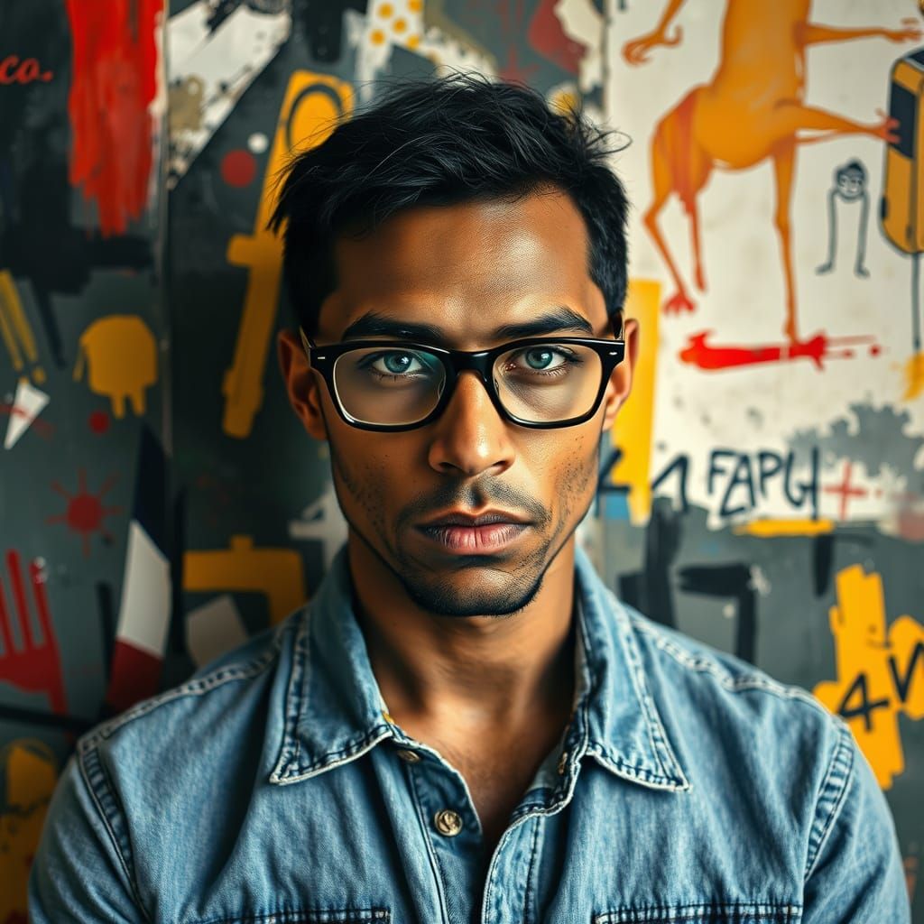 Intense Man with Glasses in Basquiat Style
