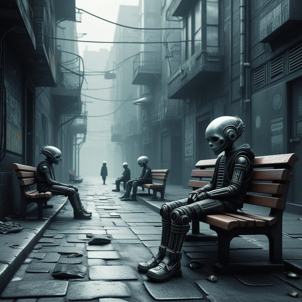 Biomechanical Children in Solarpunk City Alley