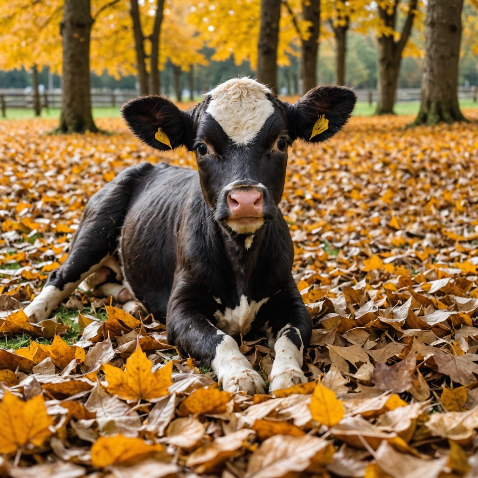 Cute Calf Plays in Autumn Leaves