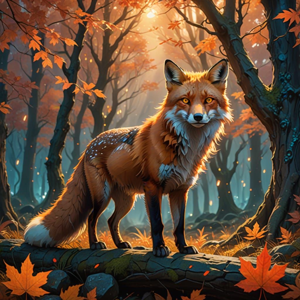 Enchanted Autumn Forest with Mystical Red Fox