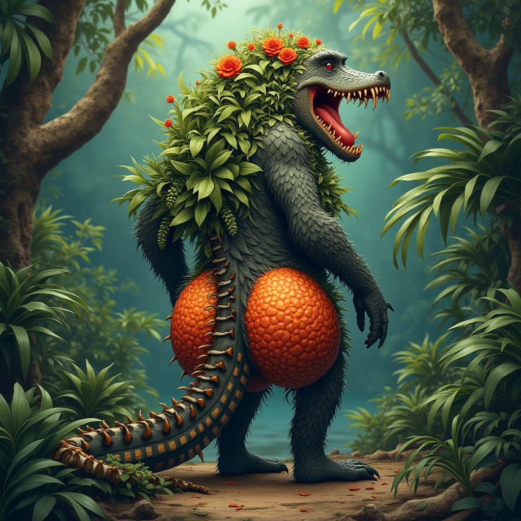 Baboon-Crocodile Hybrid in Tropical Jungle