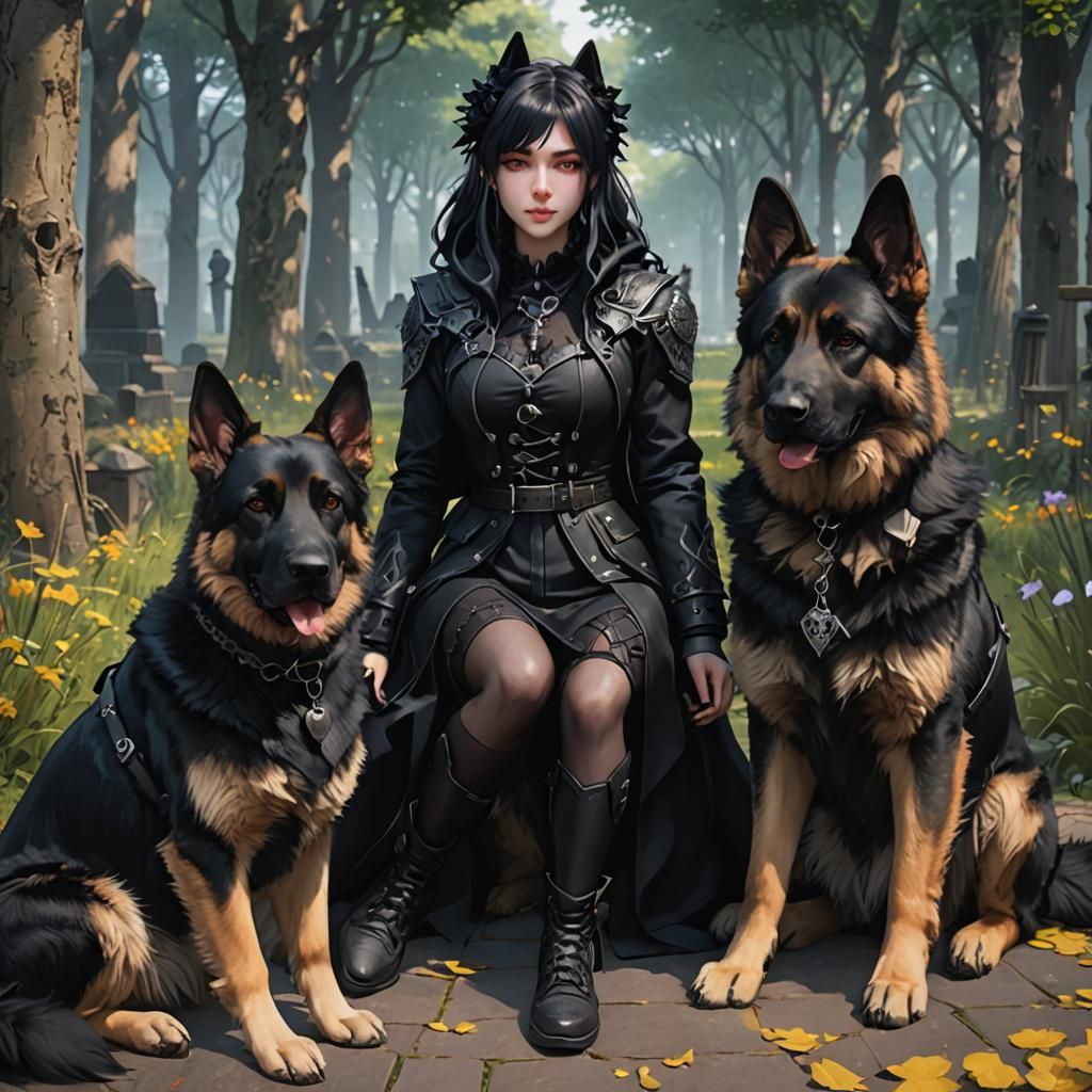 Goth Girl with German Shepherds in Anime Style