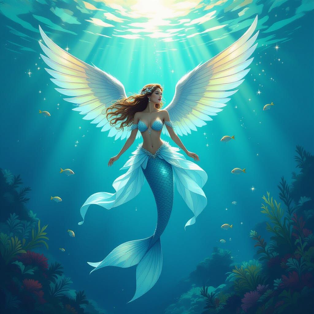 Luminous Mermaid with Angel Wings in Dreamy Ocean