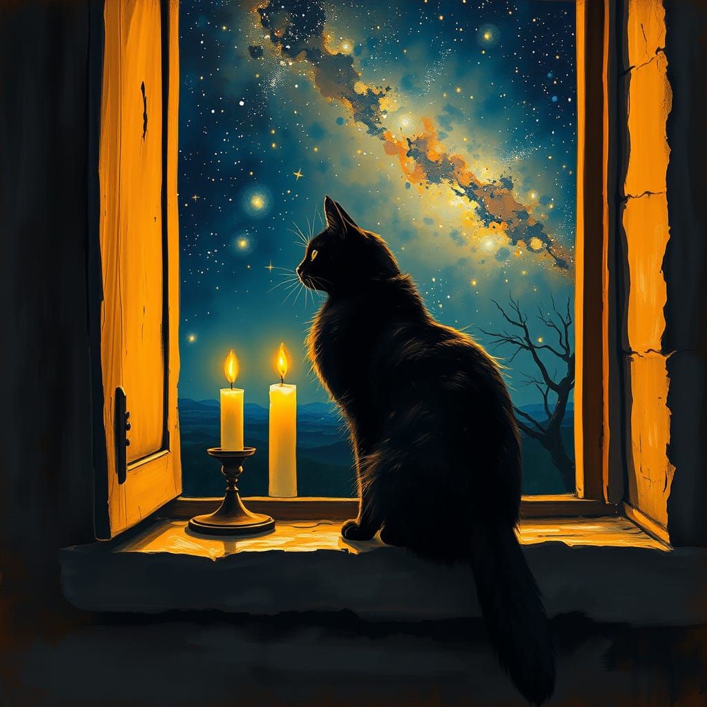 Whimsical Nighttime Scene with a Gazing Black Cat