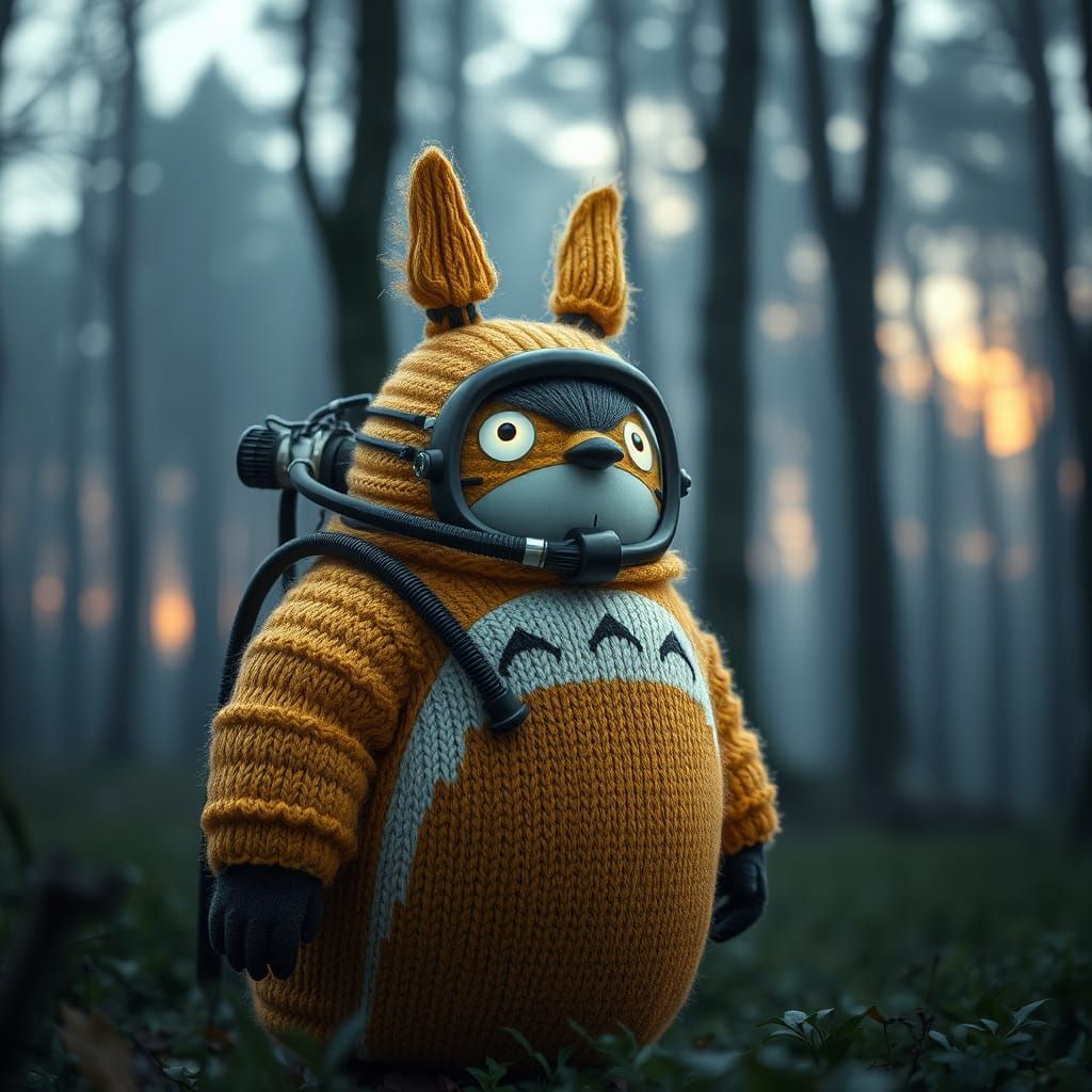 Totoro Transforms into a Vibrant Knitted Diver in a Dreamlik...
