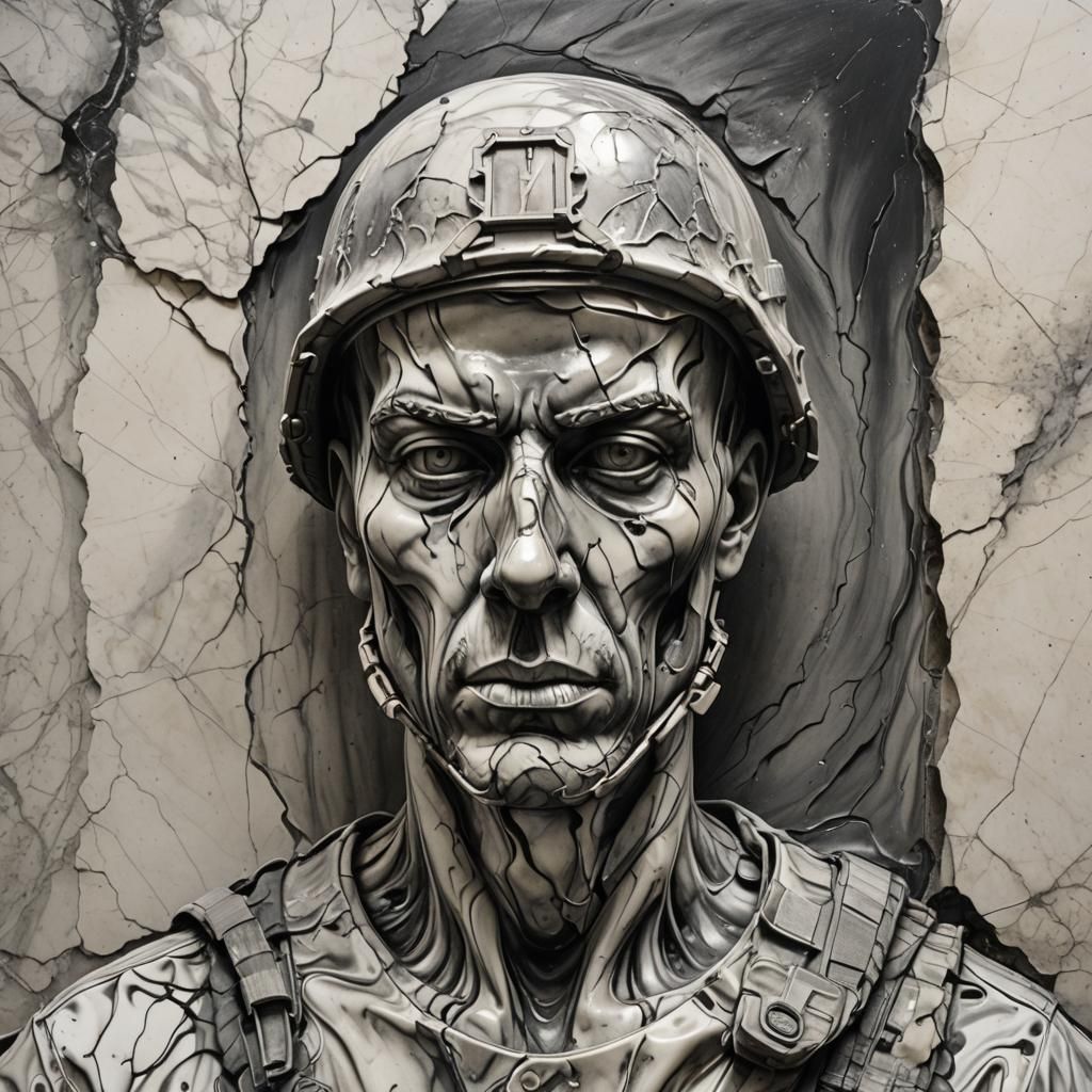 Marble Soldier Melts into Wall: Charcoal Drawing