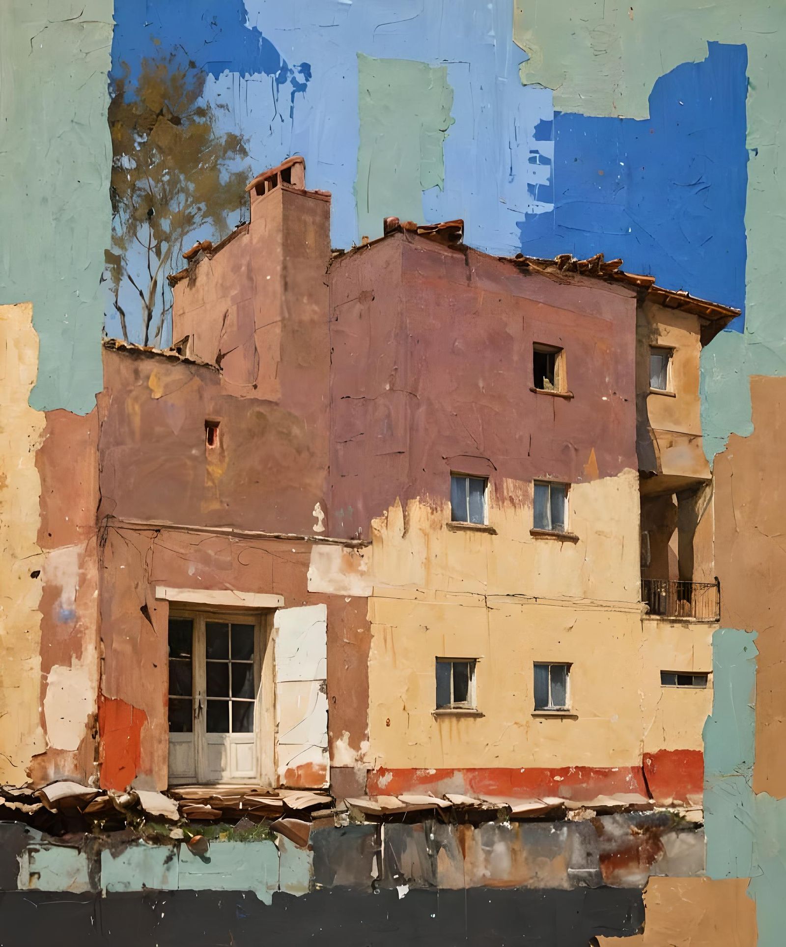 Abstract Villa Facade with Collage and Paint