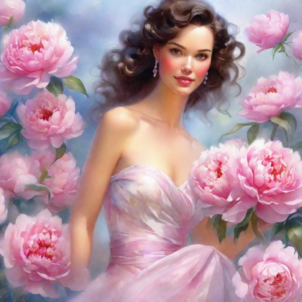 Brunette in Silk Dress: Watercolor Painting with Peonies