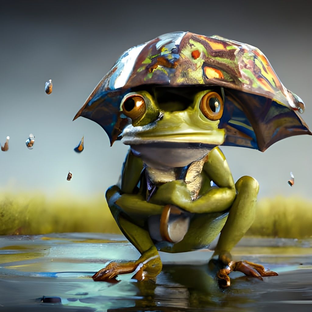 Hyperrealistic Frog Wearing a Rain Hat