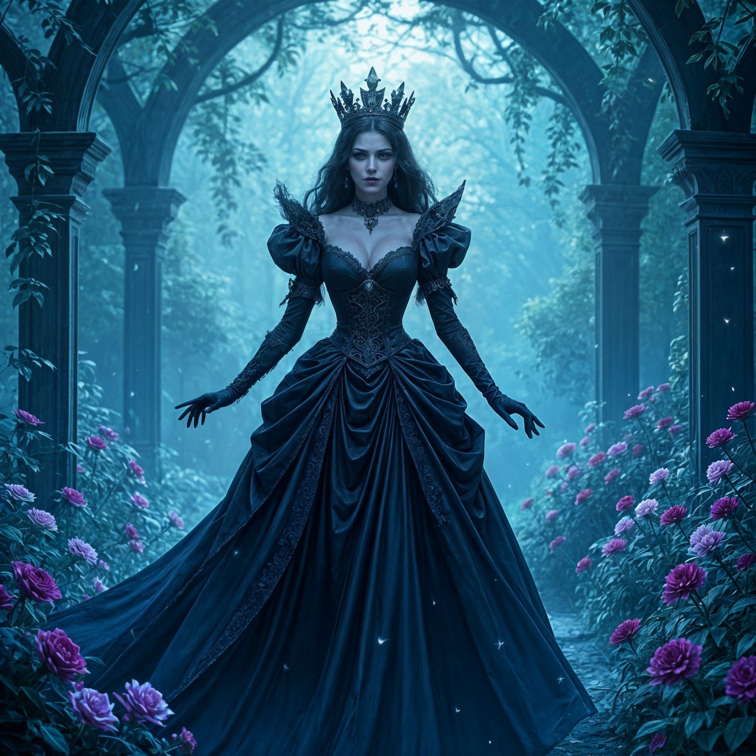 Queen of Shadows Ruling Astral Gardens with Starlight Crown