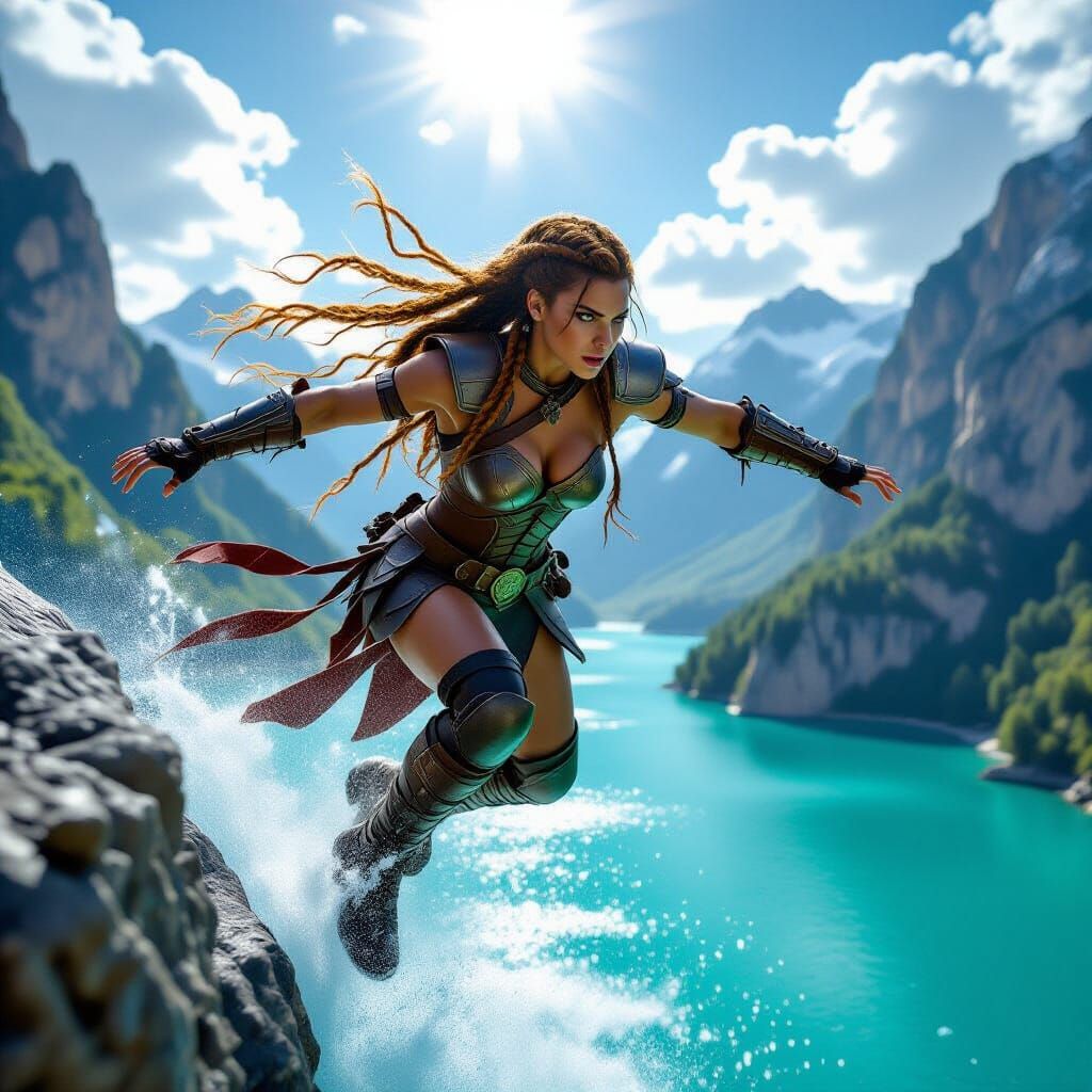 Barbarian Woman Leaping Off Cliff Into Lake