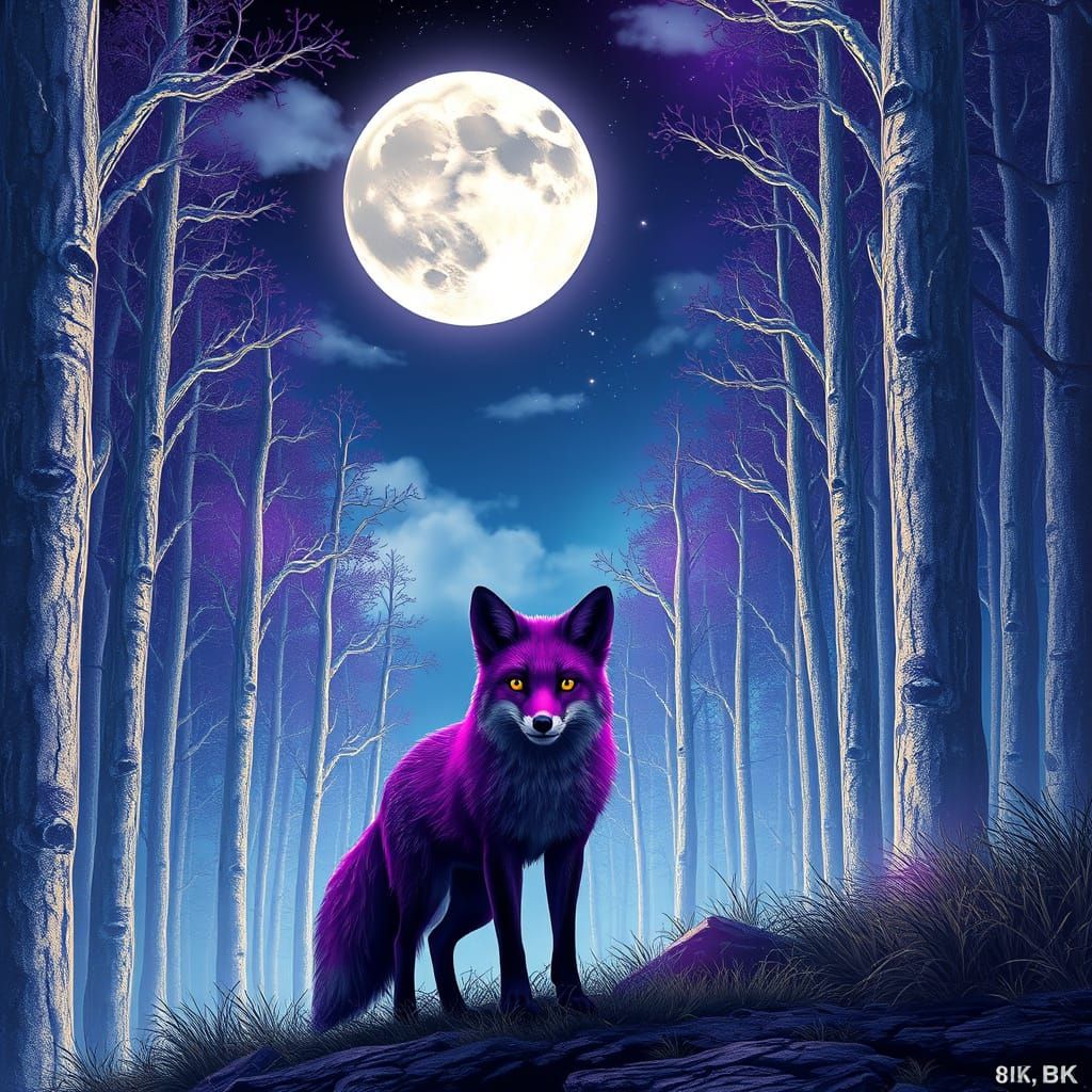 Mystical Purple Fox Amidst a Dreamy, Surrealist Forest