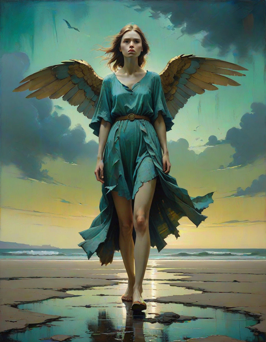 Muted Symbolism: Woman with Wings in Desolate Sea Landscape