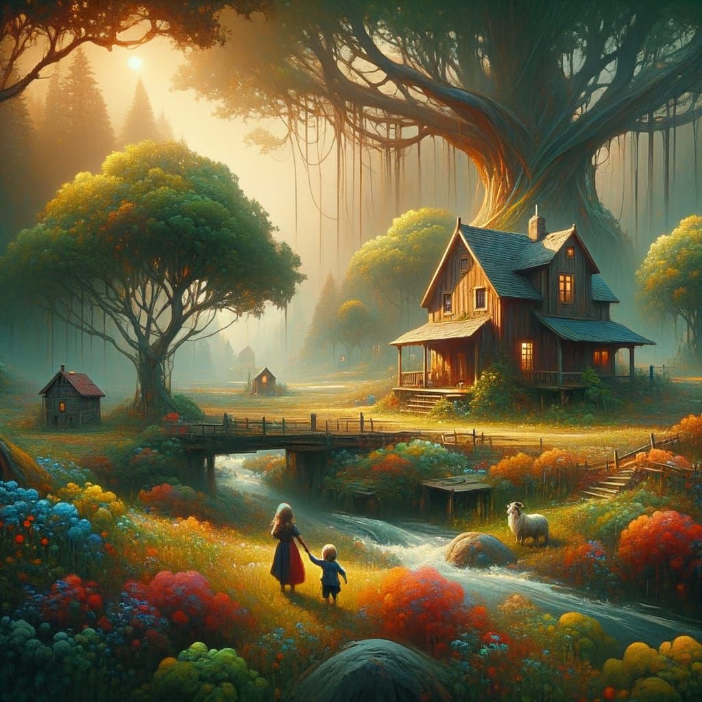 Painterly Fantasy Landscape with Mother and Child