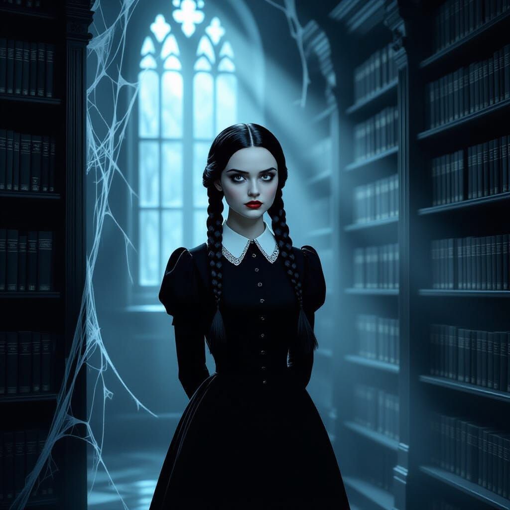 Wednesday Adams in Gothic Library, Dark Academia Style