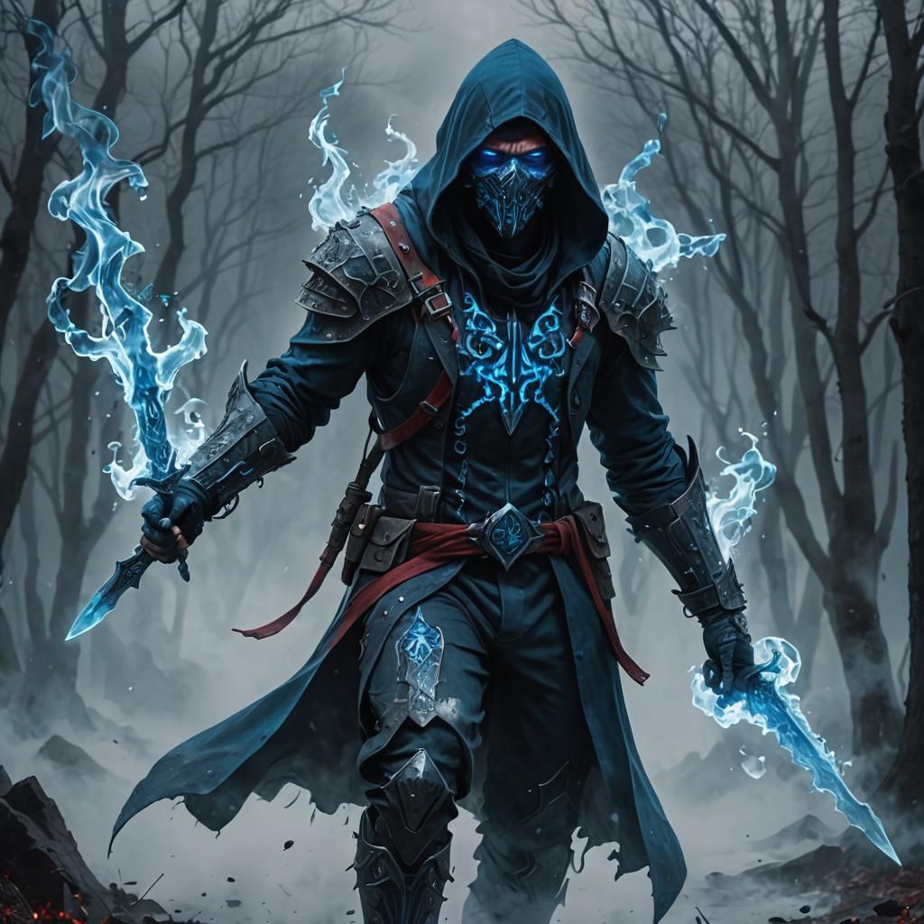 Mysterious Hooded Figure with Glowing Ice Daggers