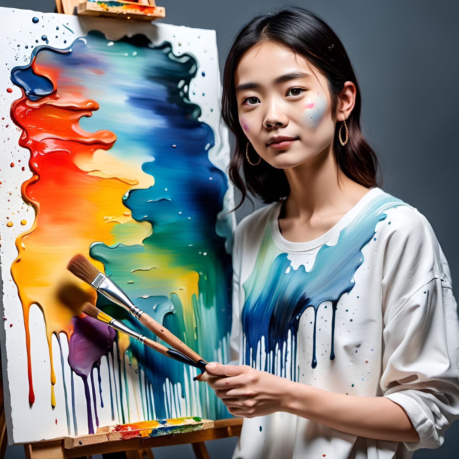 Woman Artist with Canvas: Impasto Ink Painting