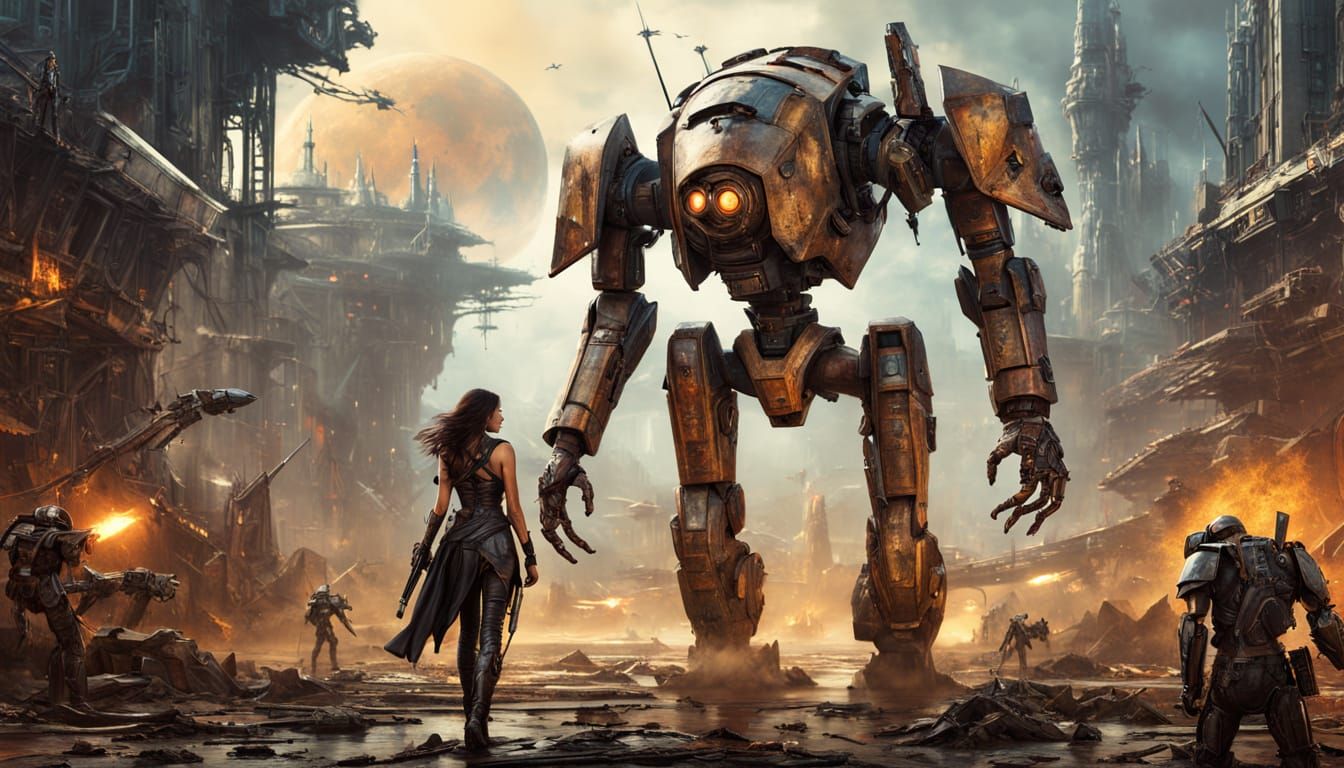 Cyborg Warrior on Alien Battlefield in Grunge Goth Style