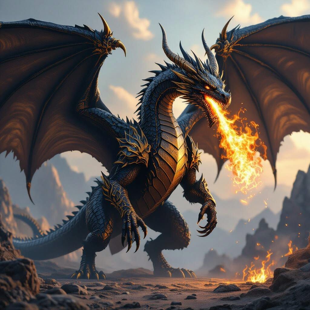 Ancient Black and Gold Dragon Breathes Fire