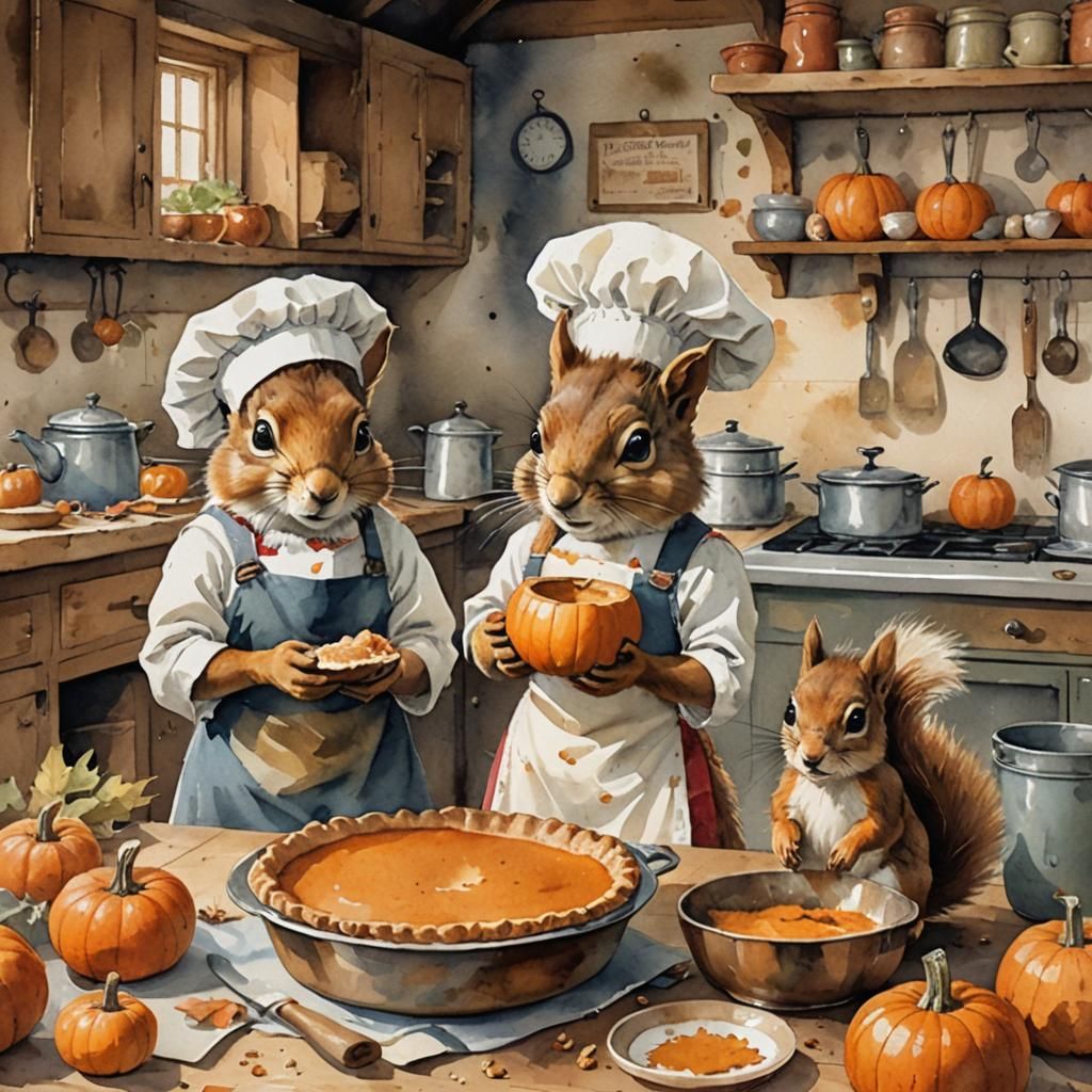 Squirrel Bakers Make Pumpkin Pie, Watercolor Style