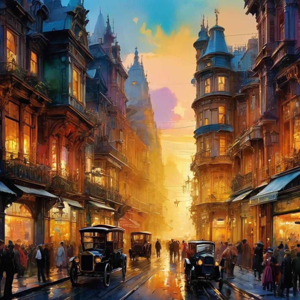 Victorian Street Scene in Watercolor at Sunset