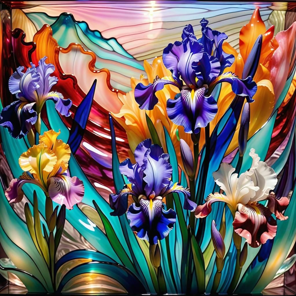 Crystalline Iris and Lilies in Cubist Style
