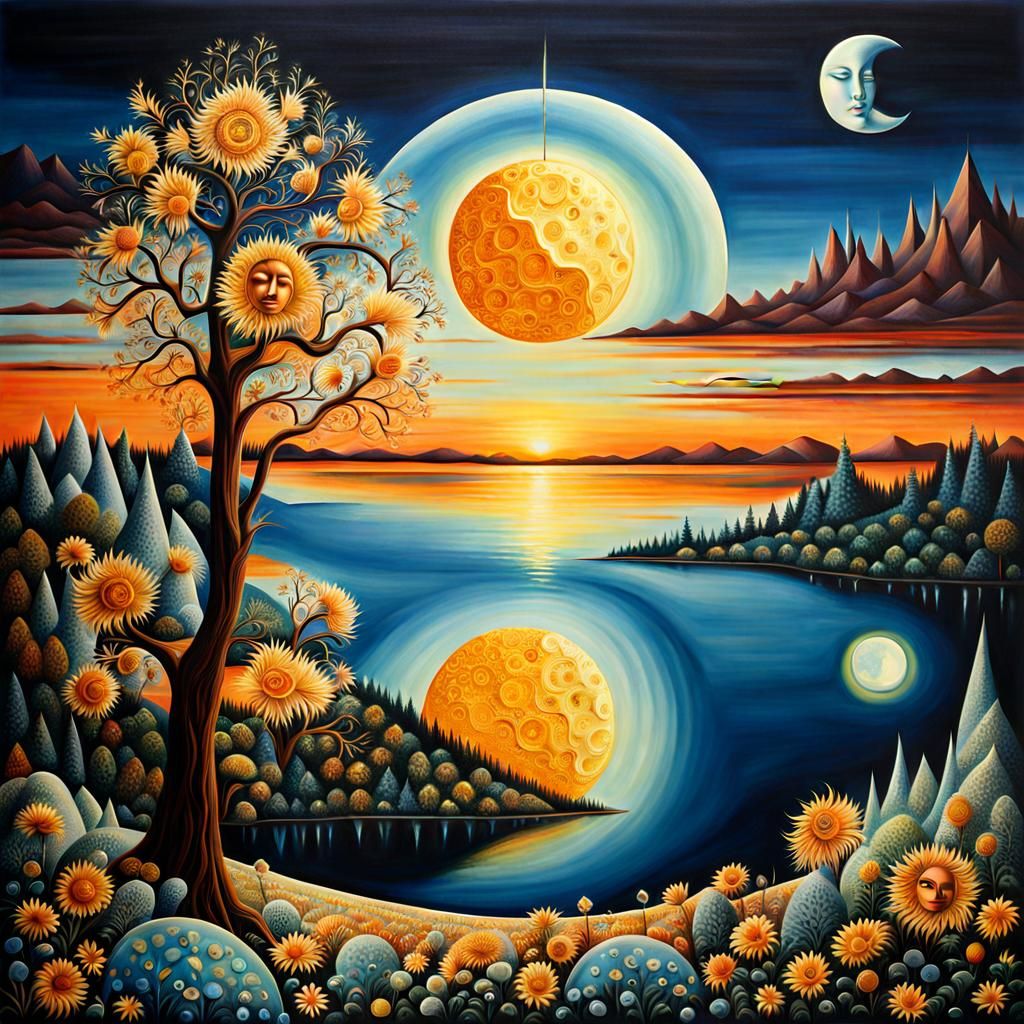 Crystalline Sun and Moon Reflect in Surreal Style