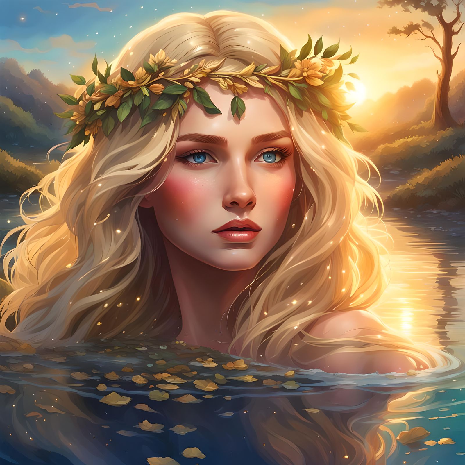 Curvy Woman with Golden Laurel Wreath in Sunset