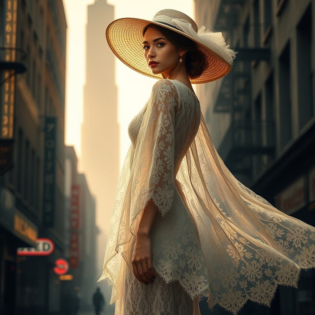 Ethereal Woman in Ivory Lace, 1950s Cityscape