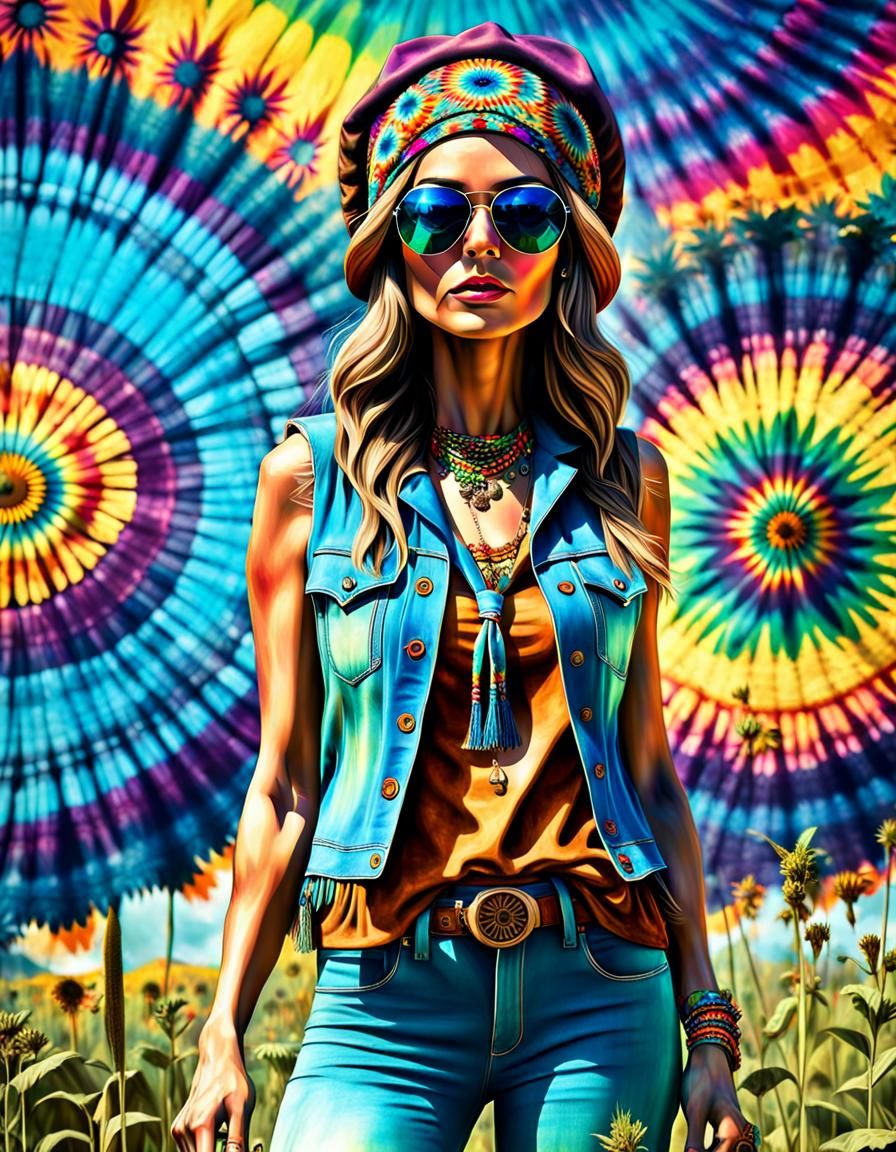 Boho Hippie Girl at Woodstock in Retro Pop Art Style