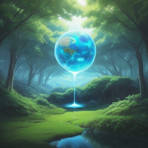 Glowing Milk Droplet Ascends Amidst Lush Green Landscape in ...