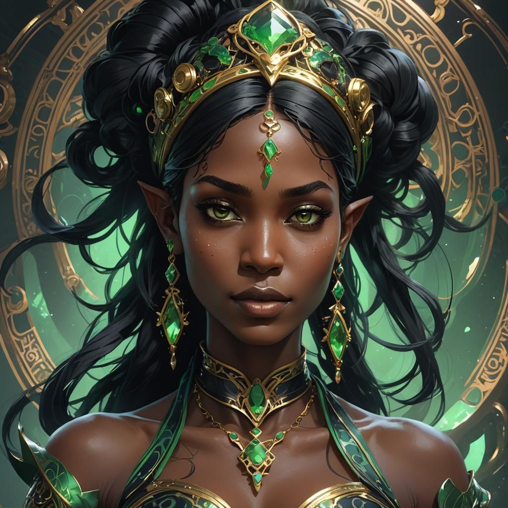 Detailed Portrait of a Black and Green Genie Girl