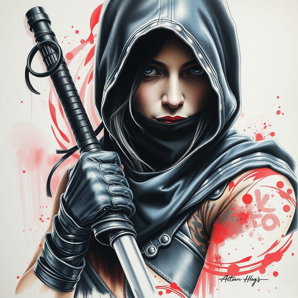 Realistic Female Assassin Portrait in Charcoal Drawing Style