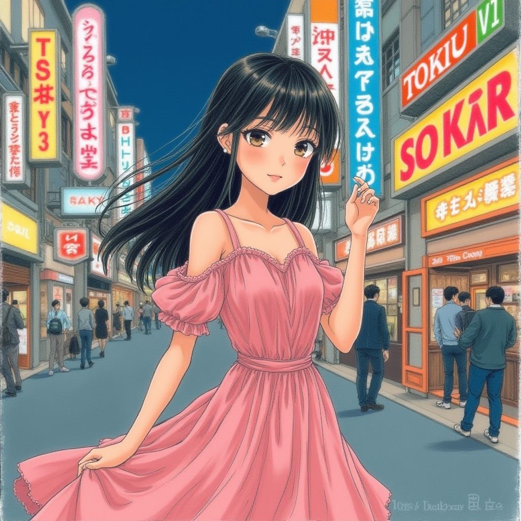 Mori Kei Woman in Tokyo, Colored Pencil Style