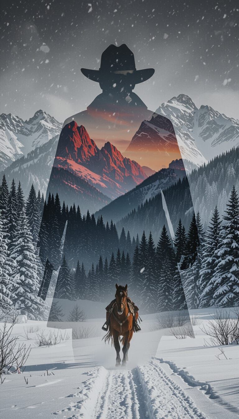 Double Exposure of Silhouette Blending Winter Landscape