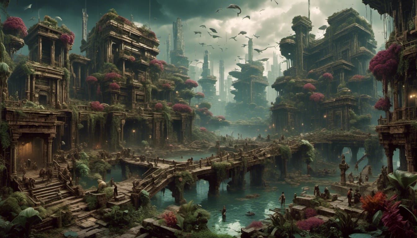 Cyberpunk Babylonian City with Screaming Crowds