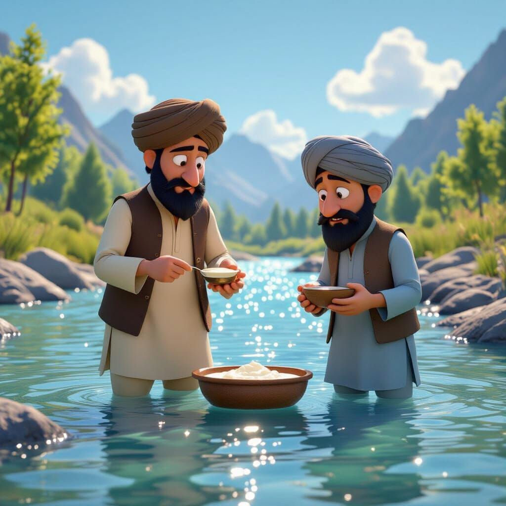 Pixar-Style Cartoon: Pathans Stirring Curd in a River