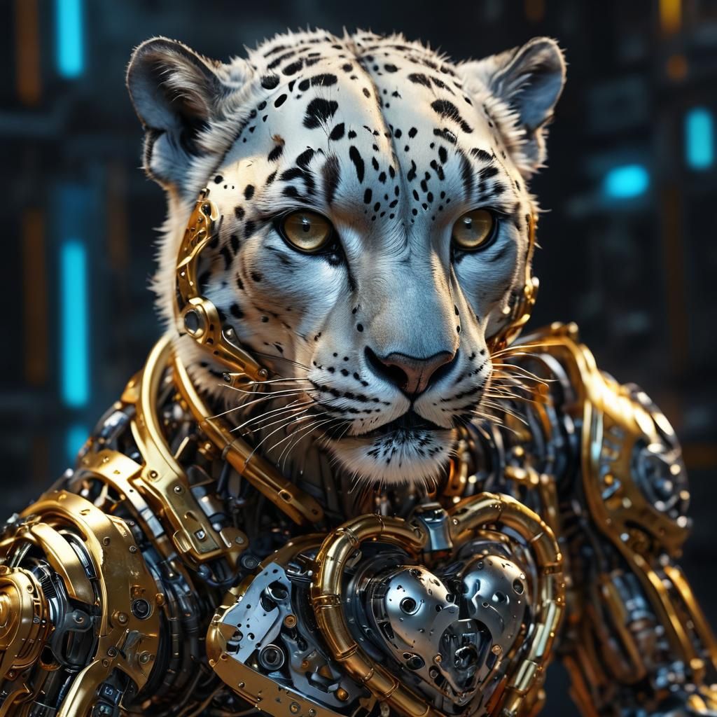 Snow Leopard Cyborg with Golden Heart: Sci-Fi Art