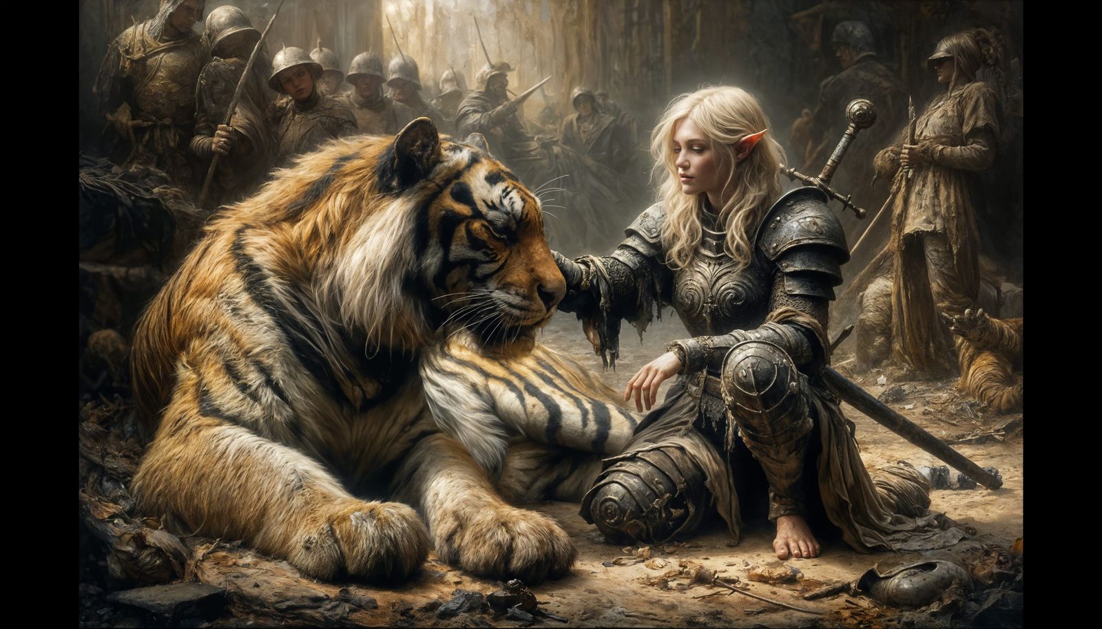 Ethereal Elf Tenderly Cares for Wounded Tiger Amidst Battlef...
