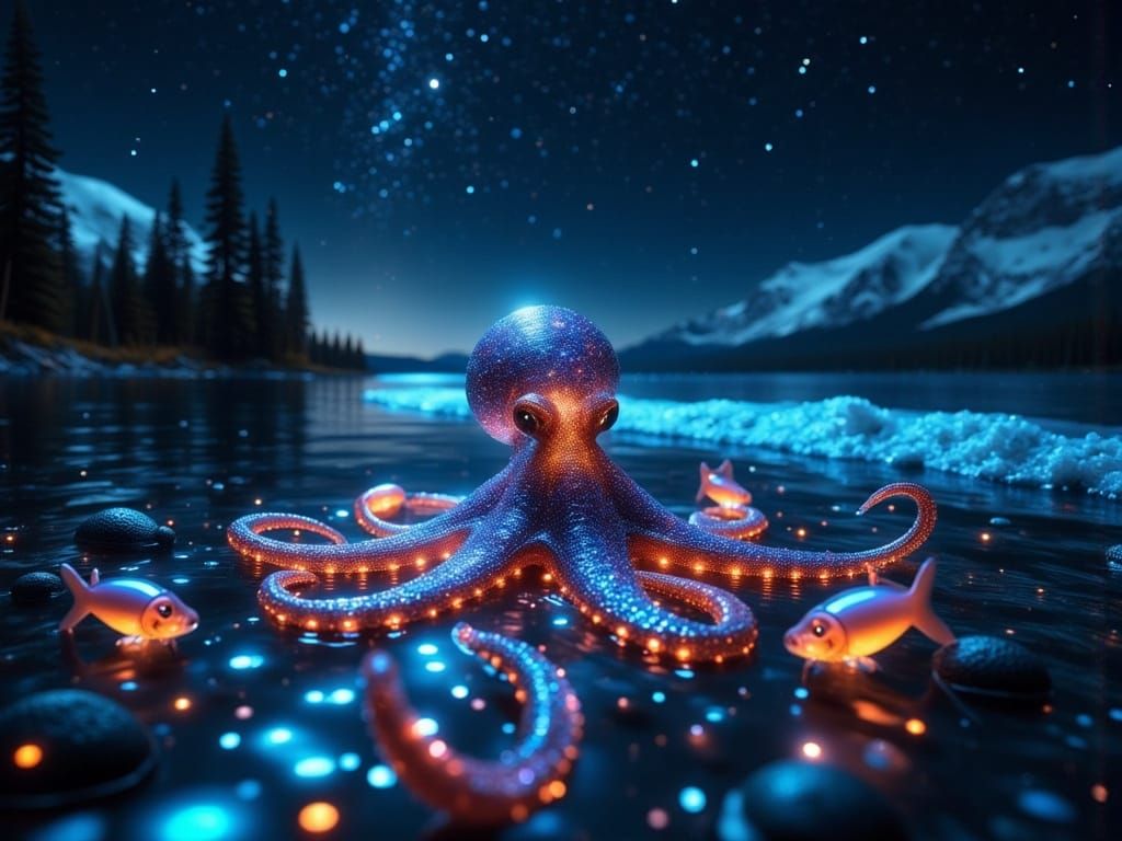 Bioluminescent Octopus Glides Through Summer Night Waters